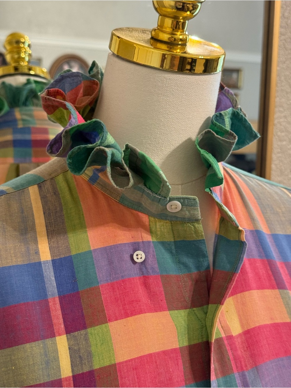 Ralph Lauren Ruffle Collar Pastel Multi-Color Plaid Button-Down Shirt - Picture 3 of 9
